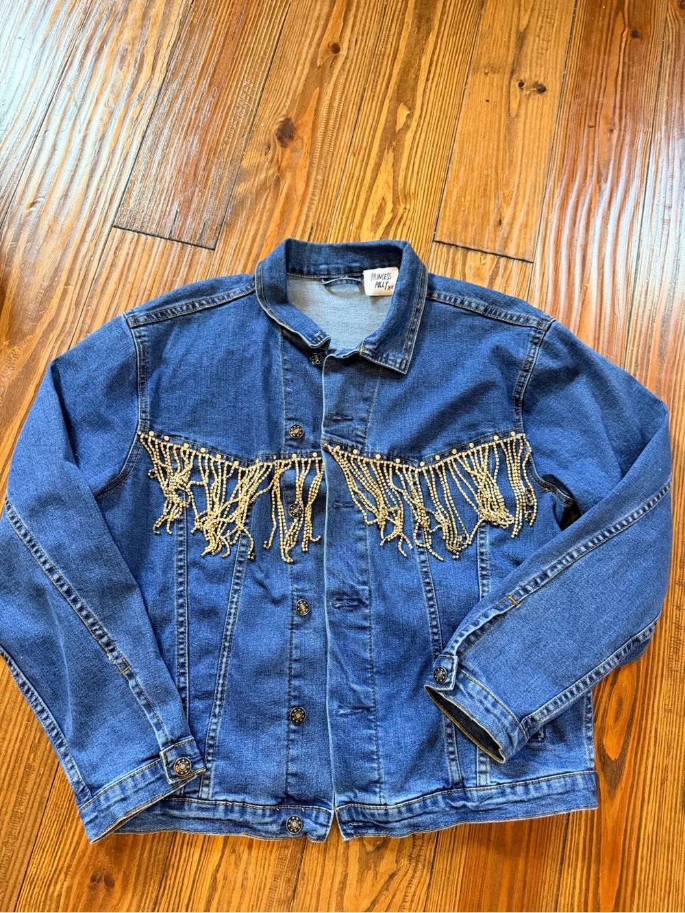 Princess Polly Blue Denim Jacket with Gold Beaded Fringe